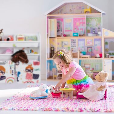 Relaxdays Kinderregal mit 6 Boxen, Kleine-Heldin-Motiv, 2 Kisten mit Rollen, HBT: 80,5x82,5x30 cm, Spielzeugregal, weiß