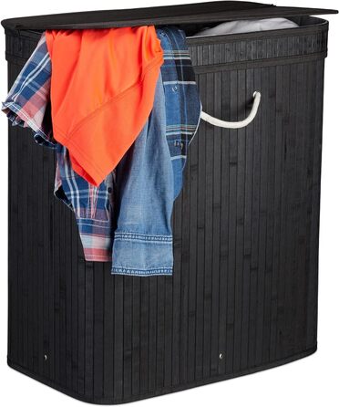 Wäschekorb Bambus, rechteckiger Wäschesortierer, 2 Fächer, faltbar, 95 l