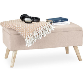Relaxdays Sitzbank mit Stauraum, gepolstert, Holzbeine, Stoffbezug, 39,5x79,5x39,5 cm, Polyester, Beige