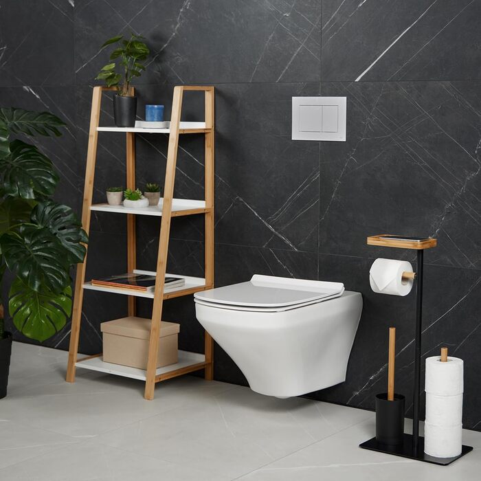 Relaxdays WC Garnitur, Bambus, Eisen, freistehender Klopapierhalter, Toilettenbürste mit Halter, schwarz/Natur