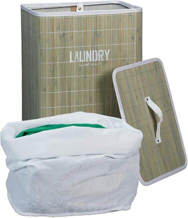 Relaxdays Wäschekorb Bambus, mit Deckel, 60 l, Wäschesack, faltbar, Wäschesammler mit Aufdruck, 60x40x30cm, (Grün, Rechteckig)