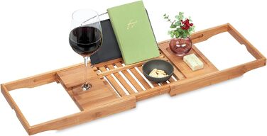 Relaxdays Badewannenablage, Bambus, 70-105 cm ausziehbar, Buchstütze, Weinglashalter, Badewannentisch, Natur/schwarz
