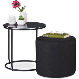 Relaxdays Beistelltisch mit Hocker, runder Couchtisch mit Sitzhocker, platzsparend, Glas & Metall, 40 x 40 cm, schwarz, 1 Stück