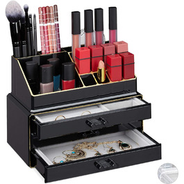 Relaxdays Make Up Organizer, 2-teilig, mit Schmuckkästchen, 3 Schubladen, Kunststoff, HBT 18,5x23,5x15 cm, schwarz-gold
