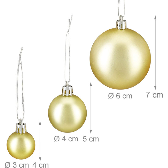 Relaxdays Weihnachtskugeln, 100er Set, Weihnachtsdeko, matt, glänzend, glitzernd, Christbaumkugel ∅ 3, 4 & 6 cm, (Gold)