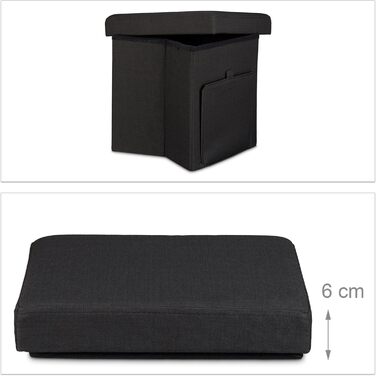 Relaxdays Faltbarer Sitzhocker, Leinen, Aufbewahrungsbox, abnehmbarer Deckel, 38x38x38 cm, Schwarz