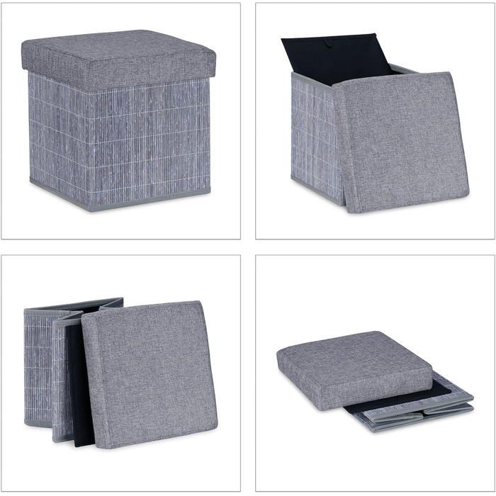 Relaxdays Sitzhocker mit Stauraum, faltbar, Bambus, Stoff, 36x35x35 cm, grau