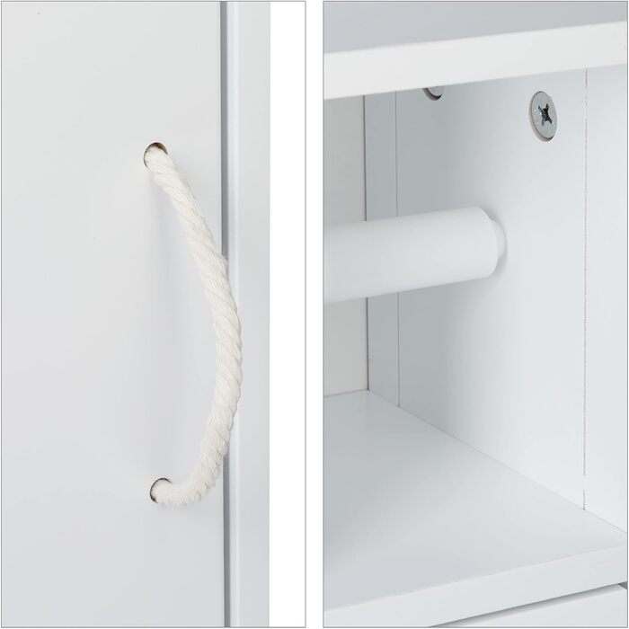 Relaxdays Toilettenpapierhalter stehend, Badezimmeregal HBT: 71x18x20 cm, Griff aus Seil, WC Papier Schrank, MDF, weiß