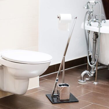 Relaxdays WC Garnitur GLASS H x B x T: 77 x 25 x 25 cm Toilettenpapierhalter aus Glas und Metall in Edelstahl-Optik mit Klobürste als Klopapierhalter freistehend WC Bürstengarnitur, silber-schwarz