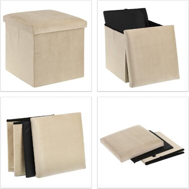 Relaxdays Sitzhocker, faltbar, 38x38x38 cm, Stauraum, MDF & Samt, Creme
