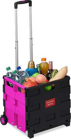 Relaxdays Einkaufstrolley klappbar, Teleskop-Griff, 2 Gummi Rollen, bis 35 kg, Shopping Trolley, Aluminium, ABS, pink
