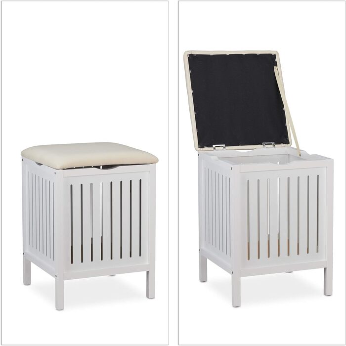 Relaxdays Wäschekorb mit Sitz, Landhausstil, 40 l, Holz & Stoff, Badhocker, 55x41x41 cm, weiß