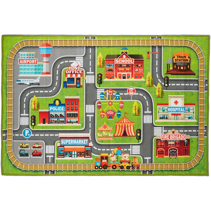 Relaxdays Spielteppich Straße, Stadt-Motiv, rutschfest, Autoteppich für Jungs & Mädchen, Polyester, BxT 150x100 cm, bunt, 1 S