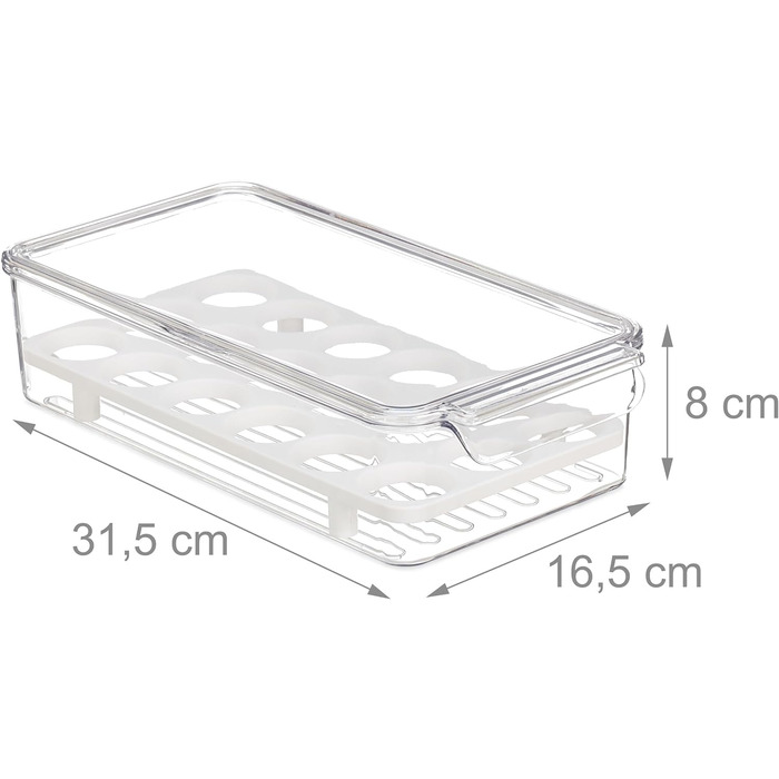Relaxdays Eierbox, 18 Eier, Kühlschrank-Organizer, HBT: 8x16,5x31,5cm, transparent/weiß (50 Zeichen)