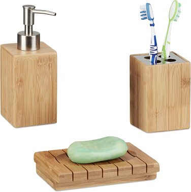 Relaxdays Badaccessoires Bambus, 3-teiliges Badezimmer Set aus Seifenspender, Seifenschale u. Zahnbürstenhalter, natur, 10 x