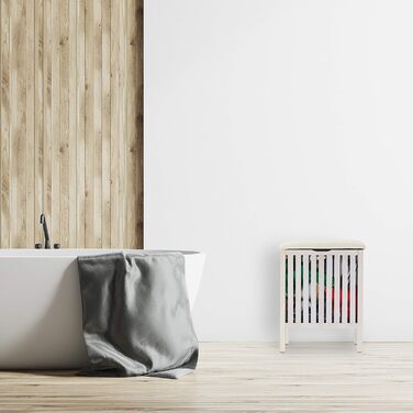 Relaxdays Wäschekorb mit Sitz, Badhocker, Landhausstil, 40 l, Holz & Stoff, 53x41x41 cm, weiß