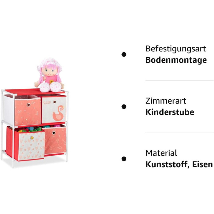 Relaxdays Kinderregal mit 4 Boxen, Spielzeug, Mädchen, Schwan-Design, Regal Kinderzimmer, HBT: 62 x 53 x 30 cm, weiß/rot