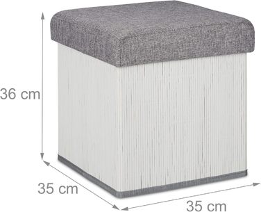 Relaxdays faltbarer Sitzhocker mit Stauraum, gepolstert, Bambus, Stoff, 36x35x35 cm, Weiß/Grau
