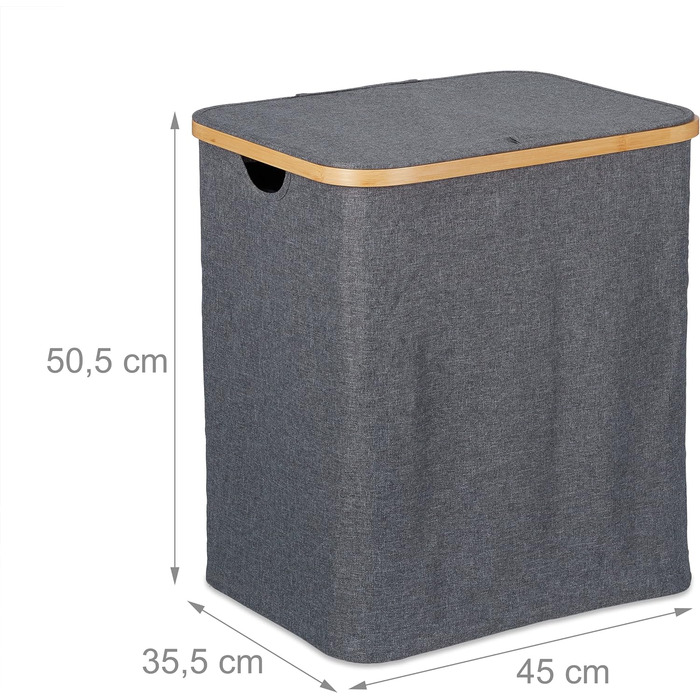 Relaxdays Wäschekorb mit Deckel, 130 l, Wäschesammler Bambus & Polyester, tragbar, atmungsaktiver Wäschesack,  90 10, (50.5 x 45 x 35.5 cm, Grau/Natur)