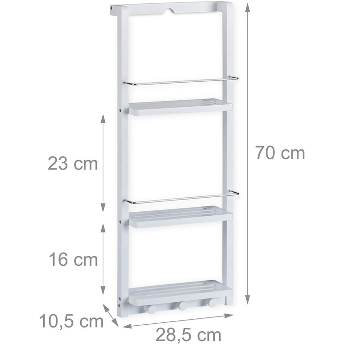 Relaxdays Duschregal Bambus, 3 Ablagen, Hakenleiste, zum Einhängen, ohne Bohren, Bad Caddy, HBT: 70x28,5x10,5 cm, weiß