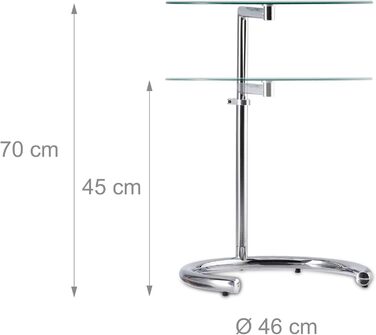 Relaxdays, Silber Kaffeetisch höhenverstellbar bis 70 cm, runder Wohnzimmertisch, verchromter Stahl, Glasplatte 46 cm Ø, Standard