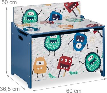 Relaxdays Spielzeugtruhe, Monster-Design, Spielzeugkiste mit Deckel, HBT: 50x60x36,5 cm, MDF, Spielzeugbox, blau/weiß