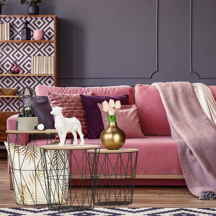 Relaxdays Korbtisch 3er Set, rund, Korb Beistelltisch Wohnzimmer, Metall & Holzoptik, 3 Größen, Drahtkorb-Tisch, schwarz