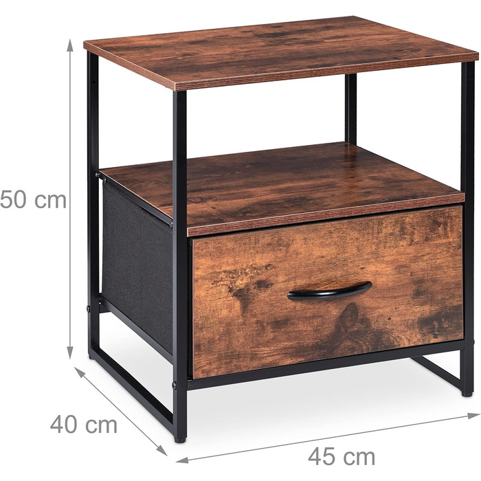 Relaxdays Nachttisch Industrial, 2 Ablagen, Schublade, Metall & MDF, 50x45x40cm, schwarz/braun