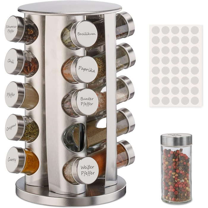 Relaxdays Gewürzkarussell, 20 Gläser, 40 Etiketten, 360° drehbar, Edelstahlgewürzstreuer, silber, max. 60 Zeichen