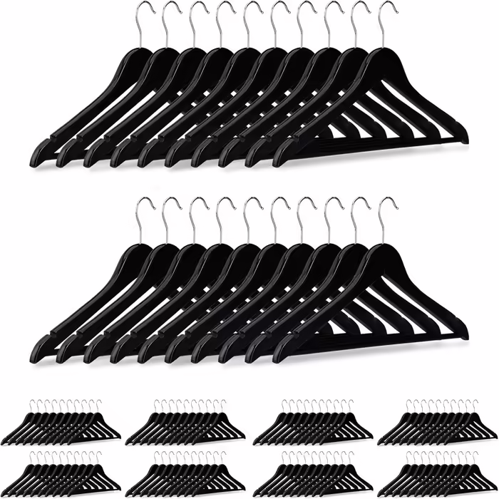 Relaxdays 100 x Kleiderbügel Holz, Garderobenbügel, klassisch, Hemden & Hosen, 360° drehbar, Bügel HxB 23 x 44 cm, schwarz 1 Schwarz 100er Pack