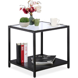 Relaxdays, schwarz Beistelltisch, modernes Design, Wohnzimmer, Glas, Metall & MDF, 50x50x50 cm, quadratischer Couchtisch, 50 x 50 x 50 cm
