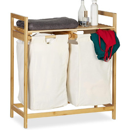 Relaxdays Wäschekorb Bambus, Wäschesortierer mit Ablage, 2 Fächer, ausziehbar, tragbarer Wäschebehälter, 60 Liter, Natur, 1 S