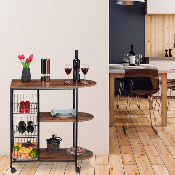 Relaxdays Servierwagen, 3 Ablagen & Körben, Industrial, Metall & MDF, 84x83x37 cm, weiß/braun