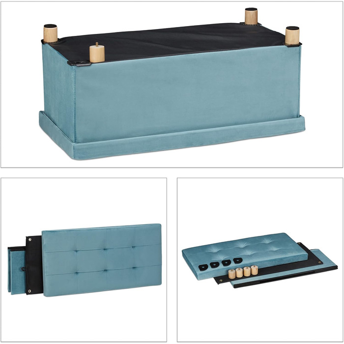 Relaxdays Sitzbank mit Stauraum, Samt, Holzfüße, bis 120 kg, faltbar, 34x76x38 cm, Türkis