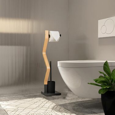 Relaxdays WC Garnitur, stehender Toilettenpapierhalter, Toilettenbürste mit Bürstenhalter, 75x18,5x18,5 cm, grau/Natur