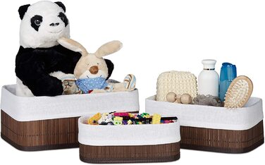 Relaxdays Aufbewahrungskorb 3er Set, Stoffbezug, Bambus, rechteckig, Bad, Accessoires, Spielzeug, Allzweckkorb, (Braun)