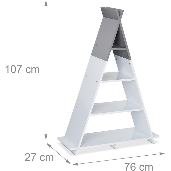 Relaxdays Kinderregal Tipi, 4 Fächer, Bücherregal Kinder, H x B x T: 107 x 76 x 27 cm, Kinderzimmer Regal, weiß/grau