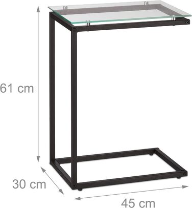 Relaxdays Beistelltisch, U-Form, Glas Tischplatte, Metall, Bauhausstil, Konsolentisch HxBxT: 61 x 30 x 45 cm, schwarz, 1 Stück