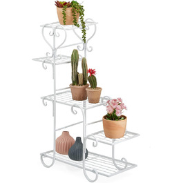 Relaxdays Blumenregal Metall, Vintage, 75x56x23 cm, Blumentreppe 5 Ablagen, Eisen (Weiß)