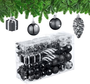 Relaxdays Weihnachtskugeln 72er Set, glitzernd/matt/glänzend, Baumkugeln/Stiefel/Herz/Zapfen, schwarz