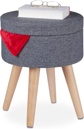 Relaxdays Sitzhocker mit Tischfunktion, Stauraum, 45,5x37 cm, Stoff, Holzbeine, grau/Natur