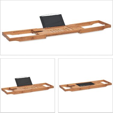 Relaxdays Badewannenablage, Bambus, 70-105 cm ausziehbar, Buchstütze, Weinglashalter, Badewannentisch, Natur/schwarz