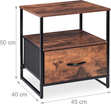 Relaxdays Nachttisch Industrial, 2 Ablagen, Schublade, Metall & MDF, 50x45x40cm, schwarz/braun