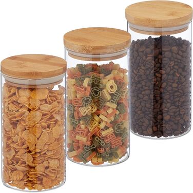 Relaxdays Glasdosen, 3er Set, 1000 ml, luftdicht, transparent/natur