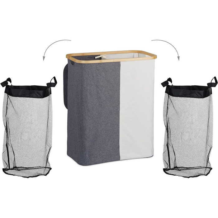 Relaxdays Wäschekorb mit Deckel, 130 l, Wäschesammler Bambus & Polyester, tragbar, atmungsaktiver Wäschesack,  90 10, (65.5x54x33.5 cm, Grau/Weiß)