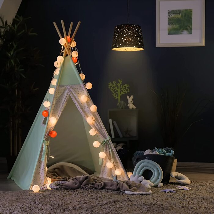 Relaxdays Kinderzimmerlampe Sterne, hängende Schirmlampe für Mädchen, Sternenhimmel Motiv, E27, runder Stoffschirm, rosa, 122
