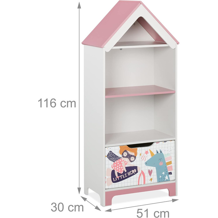 Relaxdays Kinderregal, Heldinnenmotiv, 4 Fächer für Spielzeug, HBT: 93x63x28 cm, Kinderzimmerregal mit Türen, weiß/rosa