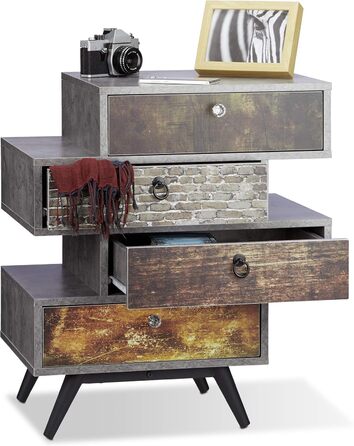 Relaxdays Vintage Kommode, 4 Schubladen, Lowboard in Betonoptik, Motiv, HBT: 68x60x40 cm, grau