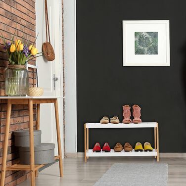 Relaxdays Schuhregal, 2 Ebenen, für 6 Paar Schuhe, offen, Schuhständer HBT: 36 x 70 x 26 cm, MDF, Bambus, Weiß, Hellbraun