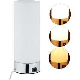 Relaxdays Dimmbare Nachttischlampe, Runde Tischlampe mit Ladefunktion, USB, Touchfunktion, Nachtlicht HxD 29x11 cm, weiß, 10029507